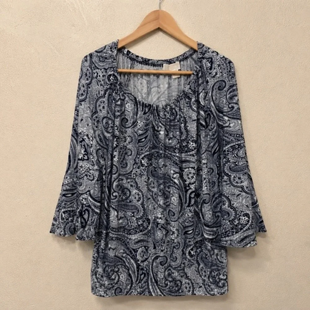 Michael Kors Navy White Paisley Tunic Blouse Top 3/4 Bell Sleeve Peasant M